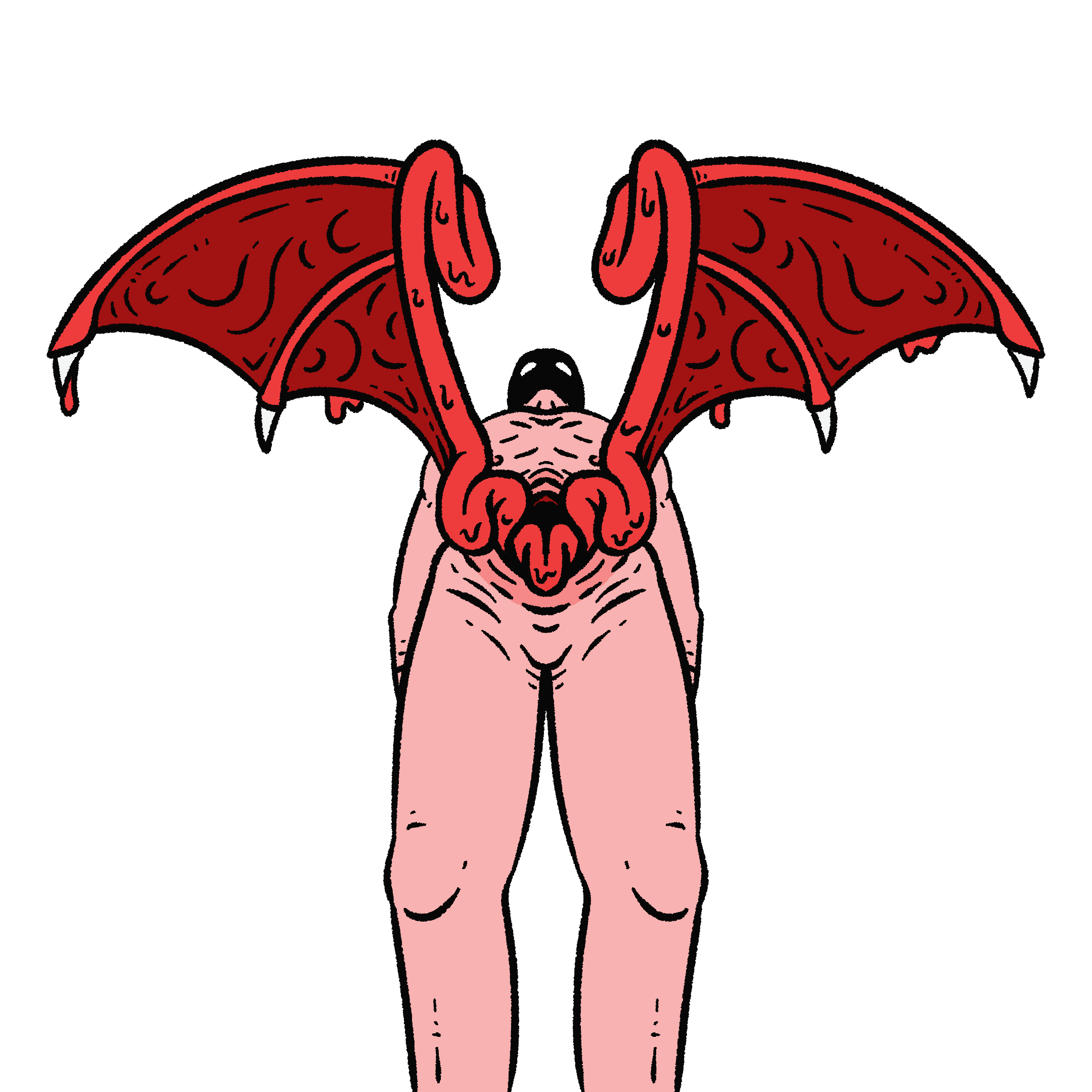 An illustration depicting a pink body, floating upwards by way of bloody wings sprung from their intestines.